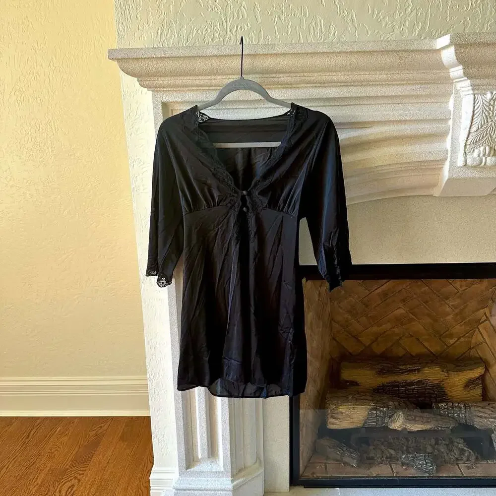 Women's Black Satin and Lace Trim Short Sleeve Nightgown